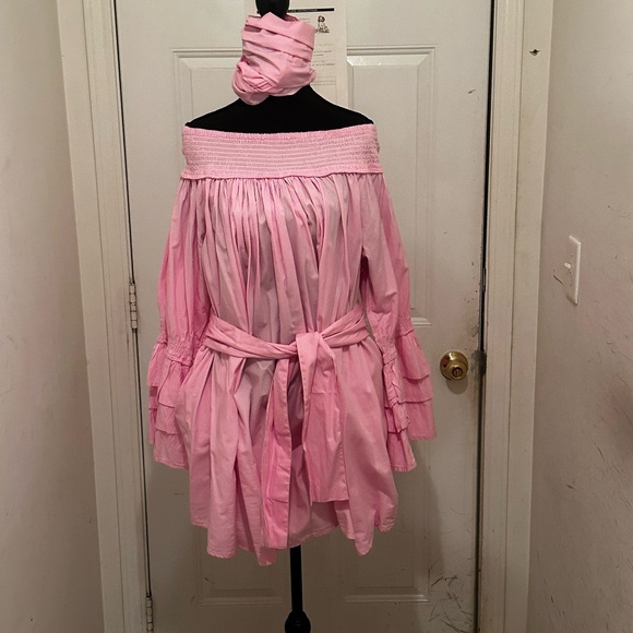 SOLD!!! True Pink On/Off Shoulder Puff Sleeve Pleated Shirt; unique design!. - Picture 1 of 7